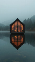 Fototapeta premium Modern Cabin Reflection in Serene Lake Surrounded by Nature
