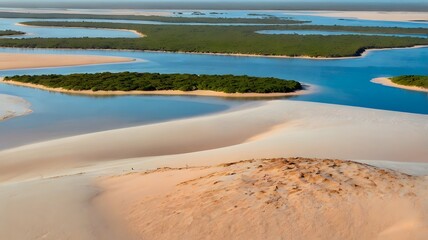 Breathtaking aerial panorama of a pristine coastal ecosystem, showcasing golden sand dunes meeting serene blue lagoons and lush green mangrove islands under a warm light