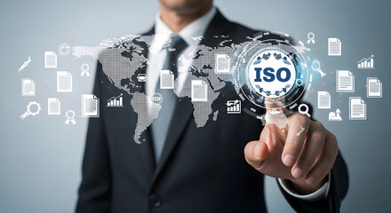 A professional points to a global digital interface showcasing business standards and data management concepts