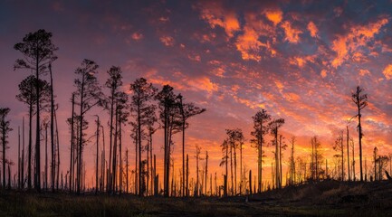 Silhouetted pine trees stand in a burnt forest at sunset.  A panoramic view of a landscape ravaged by fire, with vibrant hues of orange and purple in the sky