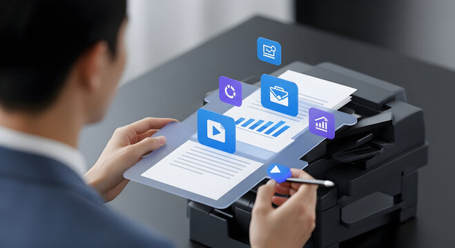 A professional uses a stylus to interact with a smart holographic interface for advanced document management. - Powered by Adobe