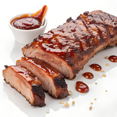 Grilled ribs with BBQ sauce, isolated on transparent background, juicy and smoky look
