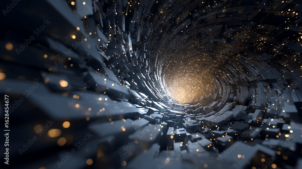 Poster abstract futuristic tunnel with glowing light and geometric shapes, creating a mesmerizing and dynam