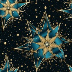 Decorative Teal Star with Golden Filigree on Dark Background Pattern
