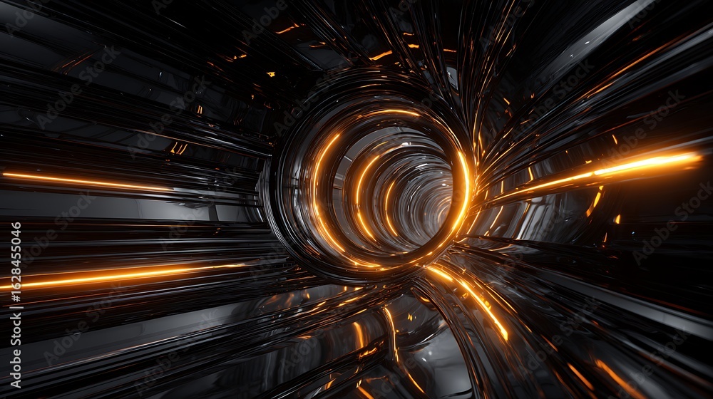 Poster a mesmerizing 3d rendering of a futuristic tunnel with glowing orange lights, creating a sense of sp