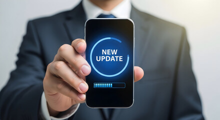 A person in a suit displays a smartphone with a prominent new update notification.