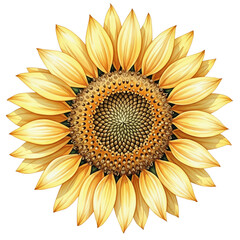 Fototapeta premium Bright yellow sunflower with brown center and numerous petals isolated on transparent background