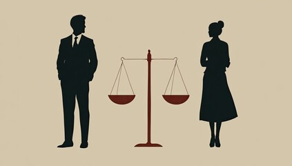 Silhouette of a man and woman facing a balance scale