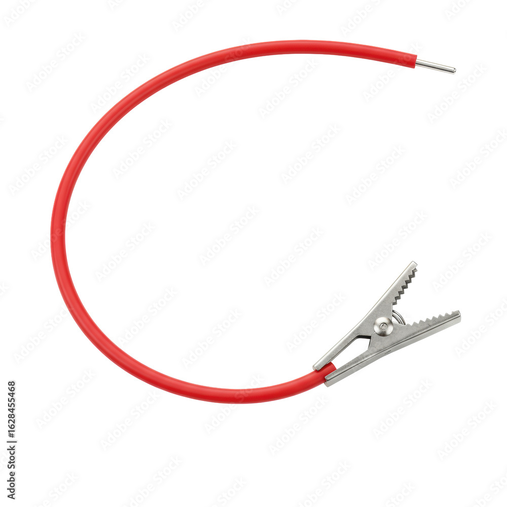 Poster a single, perfectly rendered, flexible red insulated toy wire with a subtle curve and a silver-toned