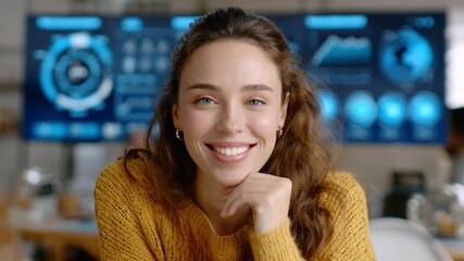 Intelligent Insight: A portrait of a woman showcasing an analytical mind set. In a modern tech environment with information displays in the background, capturing confidence.