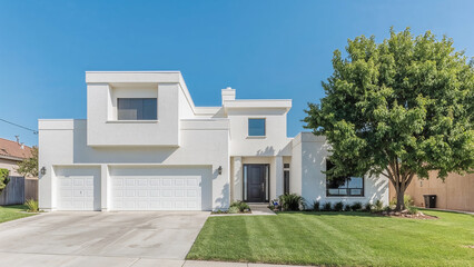 Modern White House with Geometric Design and Mature Tree in Front Yard home residential