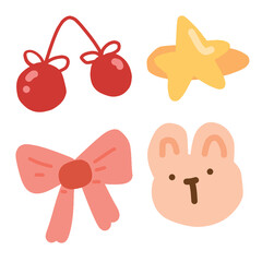 cherry, star, ribbon and rabbit hairpin clipart cartoon set. 