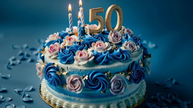 Elegant 50th birthday cake with candles and floral decorations, perfect for milestone celebrations.