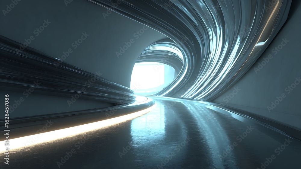 Poster a futuristic tunnel with a bright light at the end, creating a sense of depth and motion with its sm
