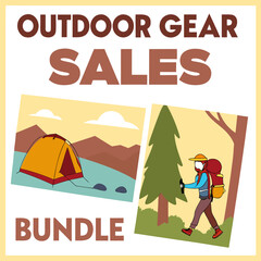 Fototapeta premium Outdoor gear sales bundle featuring camping and hiking illustrations for adventure enthusiasts and travelers