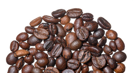 Loose coffee beans on white background, close-up top view flat lay