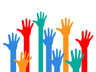 Colorful flat vector illustration of raised hands symbolizing community, diversity, and teamwork