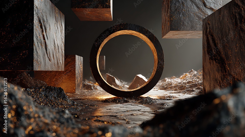 Poster a still life composition featuring abstract stone cubes and a ring, set against a dark background wi