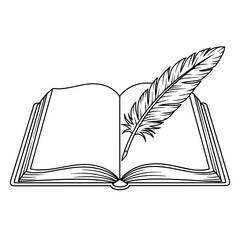 Open blank book with feather black outline isolated on transparent or white background, vector illustration.