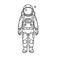 Astronaut in suit and helmet black outline isolated on transparent or white background, vector illustration.