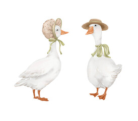 Two white cute geese in headdresses, watercolor isolated illustration for your design.