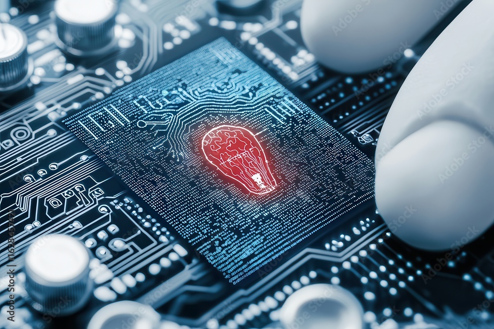 Poster engineer biomedical management concept. close-up of a hand holding a microchip on a circuit board, f