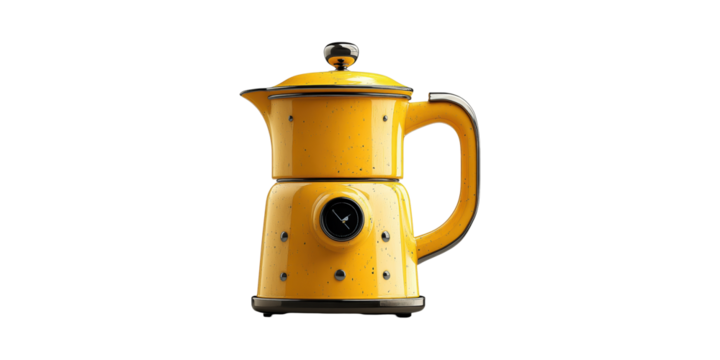 Yellow Teapot With Integrated Clock. Time Management And Tea Brewing Concept Isolated On Transparent Background