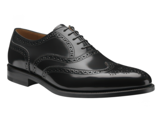 Classic black leather wingtip oxford dress shoe isolated on transparent background