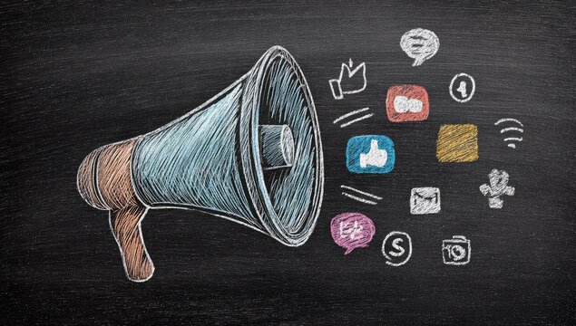 Chalkboard drawing of a megaphone with social media icons radiating outward - Powered by Adobe