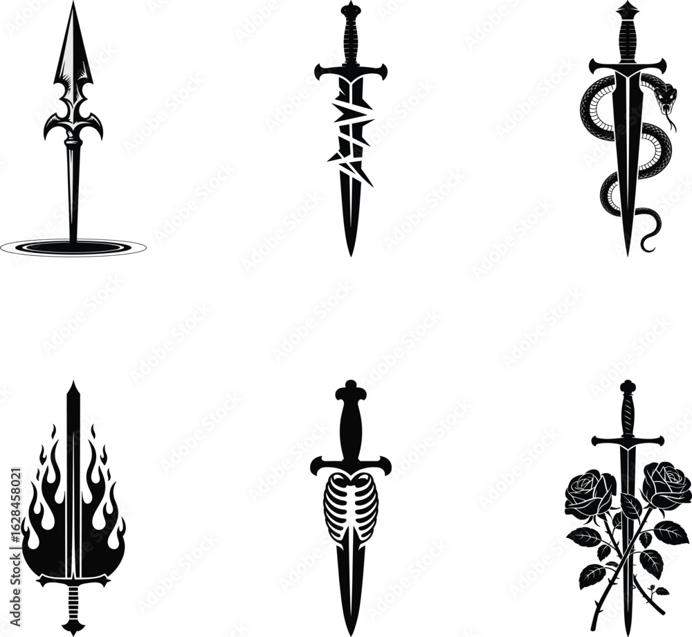 Poster black sword and dagger set with various designs and decorations on white background for use