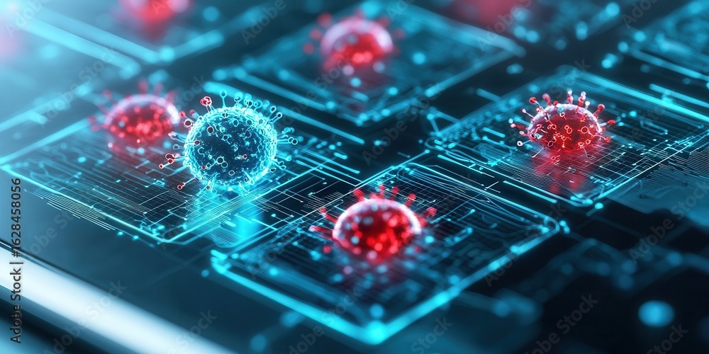 Poster engineer biomedical management concept. digital representation of viruses interacting with circuitry
