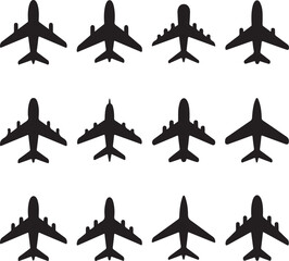 Set of Ten Black Airplane Silhouettes in Varied Aircraft Designs