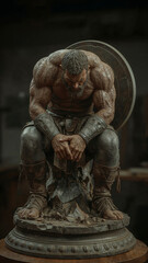 Fototapeta premium Gladiator Statue Sitting Depressed With A Shield In A Workshop