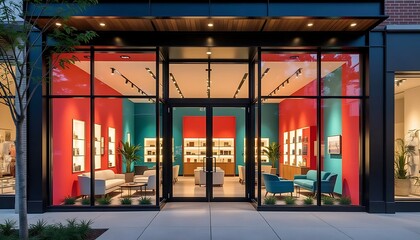 Contemporary storefront with expansive glass doors and windows revealing interior modern furniture in coral and teal accent walls in warm lighting