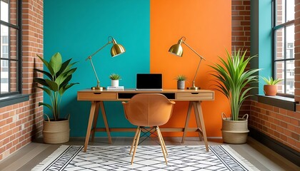 Modern workspace featuring a wooden desk placed by a laptop with two golden desk lamps including an orange chair against teal and orange wall lined with a glass windows on brick walls
