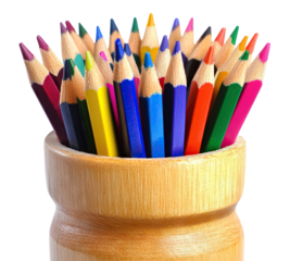 Set of colorful pencils in wooden holder, isolated on transparent cutout background