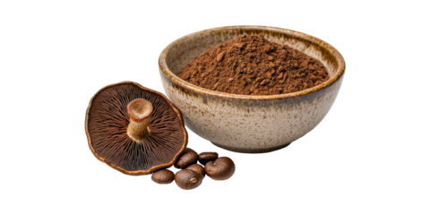 Mushroom Coffee Blend With Ground Powder And Whole Beans. Natural Energy And Wellness Boost Isolated On Transparent Background