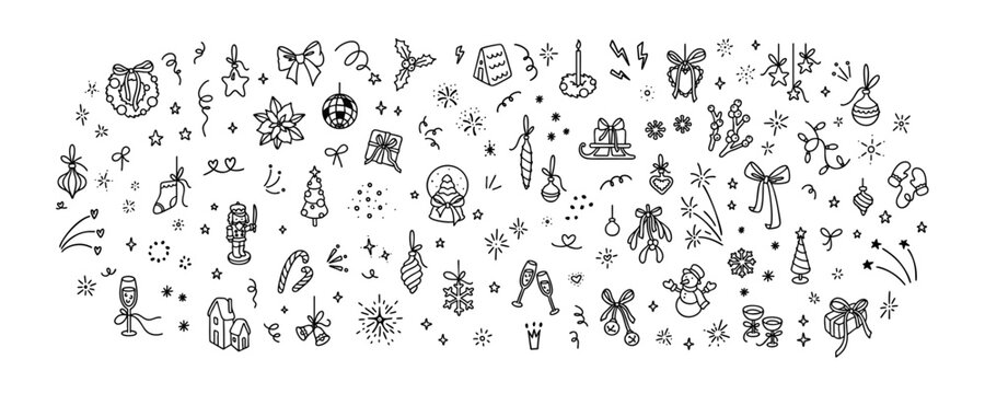 Cute line doodle Merry Christmas and. Happy New Year hand drawn rectangle background. Minimalist kids crayon scribble. Party celebration. Firework, confetti, light and movement magic effect