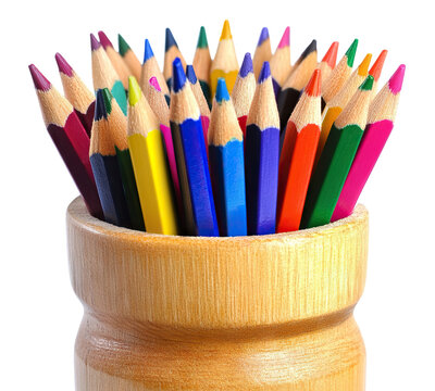 Set of colorful pencils in wooden holder, isolated on transparent cutout background - Powered by Adobe