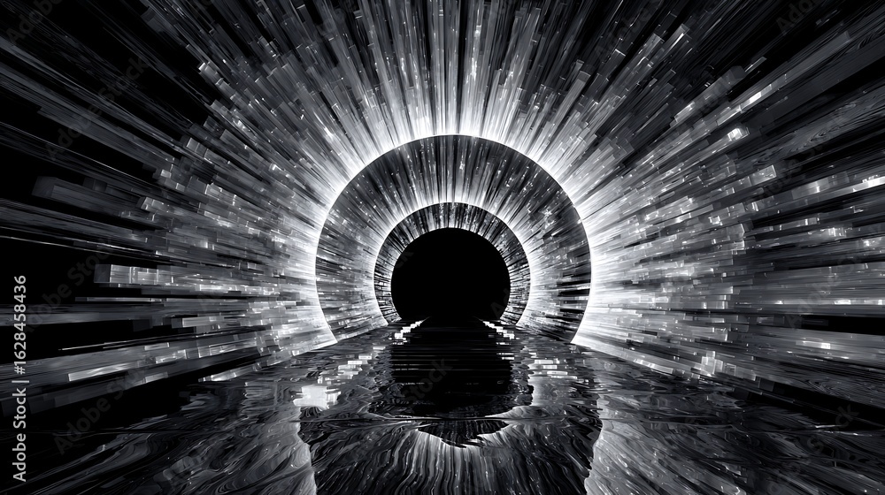 Poster abstract monochrome tunnel background with light streaks and fractal textures creating a mesmerizing