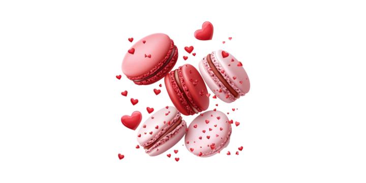 Pink And Red Macarons With Heart Decorations. Romantic Dessert For Valentine'S Day Celebration Isolated On Transparent Background - Powered by Adobe