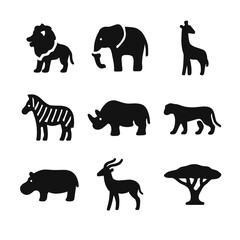 African safari wildlife icon collection. A set of black silhouettes representing wild animals like a lion, elephant, giraffe, and zebra.