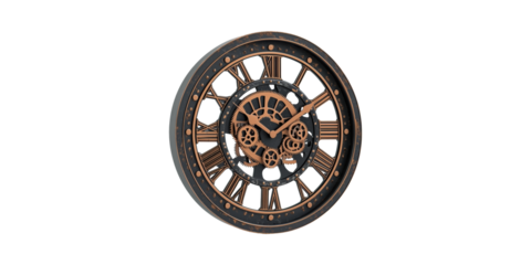 Steampunk-Inspired Wall Clock With Exposed Gears. Vintage Aesthetic And Industrial Design Isolated On Transparent Background