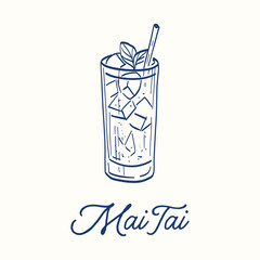 A blue glass with ice and a green straw in it. The glass is labeled 