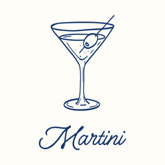 A blue and white drawing of a martini glass with an olive on top. The word martini is written below the image