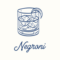 A blue and white drawing of a glass of Noggin. The glass is filled with ice and a slice of lemon