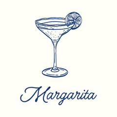 A blue and white drawing of a martini glass with a slice of lime on top. The word 