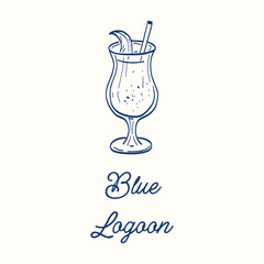 A blue glass with a straw in it. The word blue is written below the glass. Concept of relaxation and enjoyment, as it is a picture of a drink, which is often associated with leisure and socializing