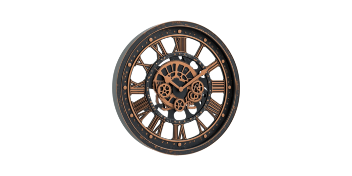 Steampunk-Inspired Wall Clock With Exposed Gears. Vintage Aesthetic And Industrial Design Isolated On Transparent Background