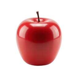 A vibrant red, glossy plastic toy apple with a dark brown stem, centered on a transparent, seamless, isolated background, brightly lit with even studio lighting, high contrast, and macro lens effect